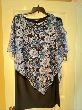 SLNY Black Dress with Blue and White Floral Overlay